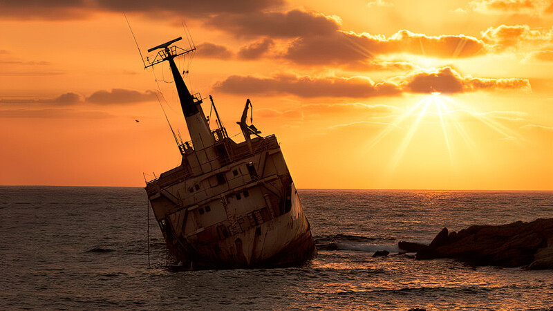 Великолепные виды заброшенного корабля на фоне закате